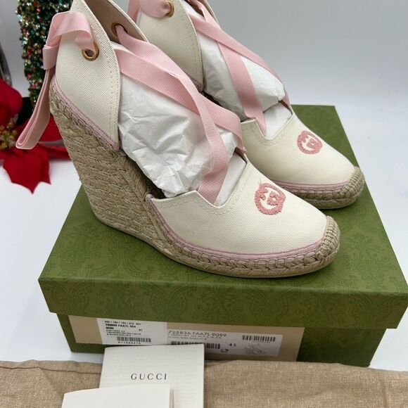 Women’s Gucci white/pink wedge espadrilles size 41 made in Spain - Picture 8 of 11